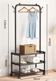 METAL CLOTHES RACK WITH THREE FABRIC STORAGE SHELVES K1173