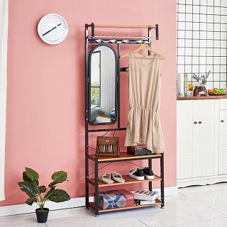 METAL WITH WOOD COAT RACK WITH 3 SHELVES AND A MIRROR HLY-3