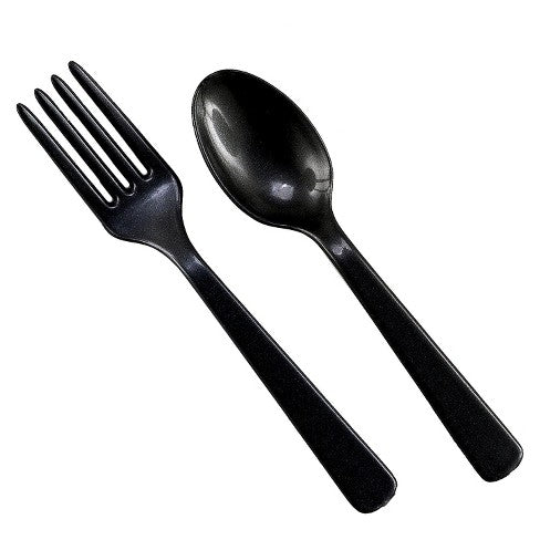 DISPOSABLE PLASTIC BLACK SPOON/FORK  SET OF 50